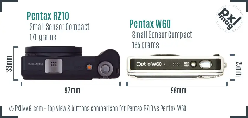 Pentax RZ10 vs Pentax W60 top view buttons comparison