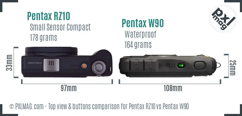Pentax RZ10 vs Pentax W90 top view buttons comparison