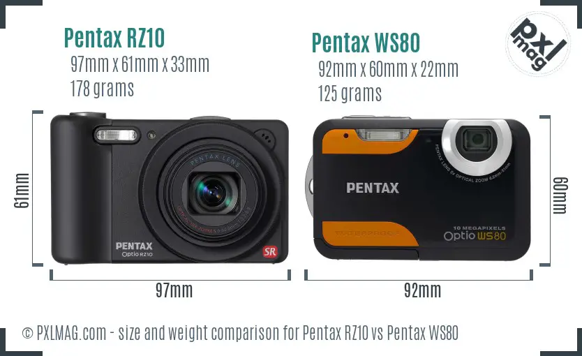 Pentax RZ10 vs Pentax WS80 size comparison