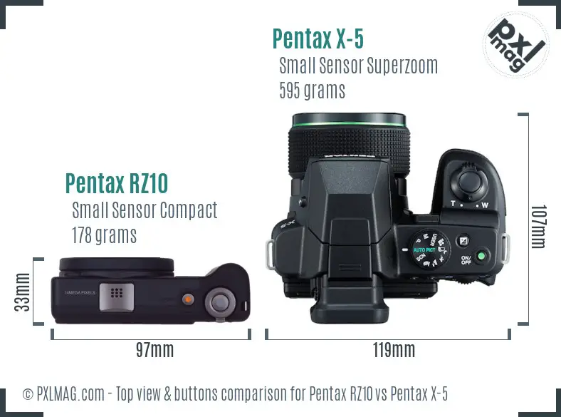 Pentax RZ10 vs Pentax X-5 top view buttons comparison Pentax RZ10 vs Pentax X-5 top view buttons comparison