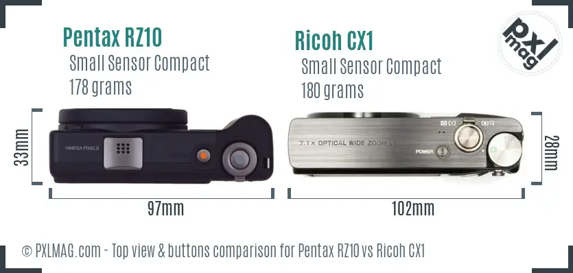 Pentax RZ10 vs Ricoh CX1 top view buttons comparison