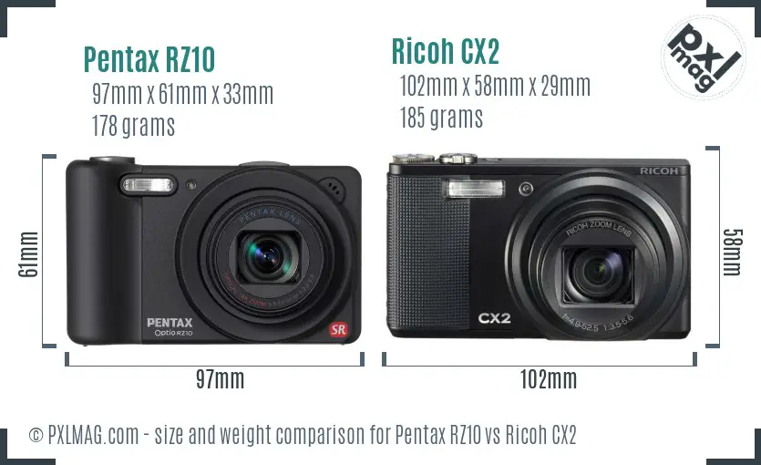 Pentax RZ10 vs Ricoh CX2 size comparison Pentax RZ10 vs Ricoh CX2 size comparison