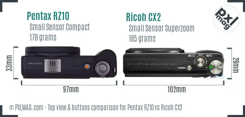 Pentax RZ10 vs Ricoh CX2 top view buttons comparison