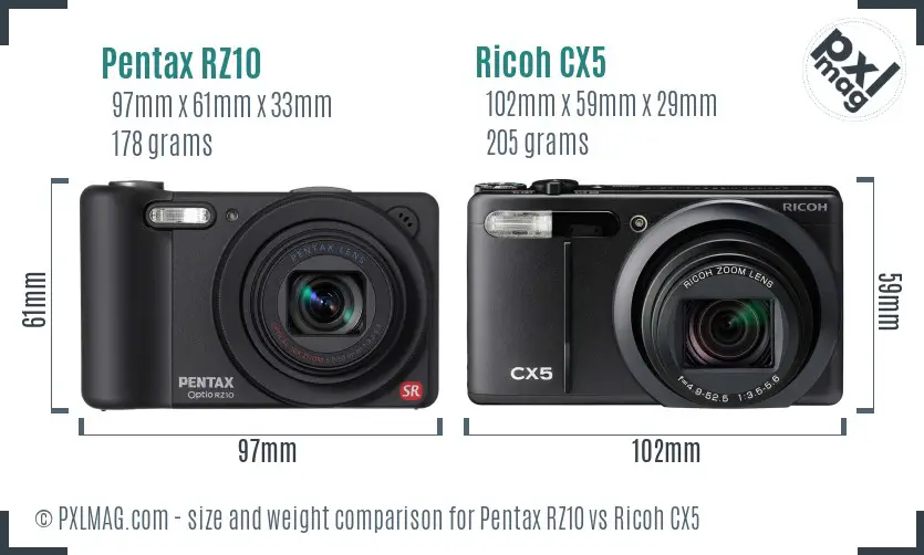 Pentax RZ10 vs Ricoh CX5 size comparison