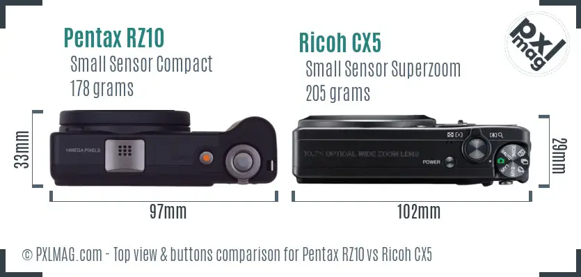 Pentax RZ10 vs Ricoh CX5 top view buttons comparison