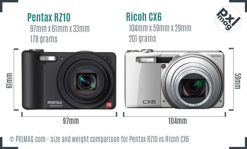Pentax RZ10 vs Ricoh CX6 size comparison