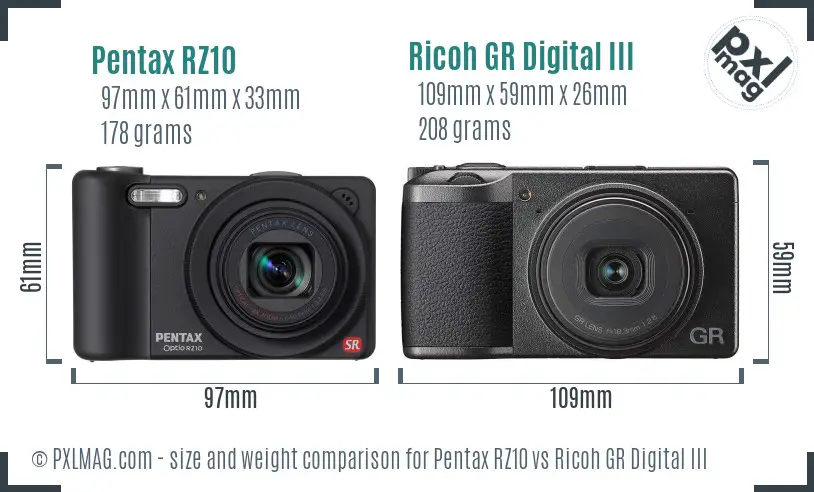 Pentax RZ10 vs Ricoh GR Digital III size comparison Pentax RZ10 vs Ricoh GR Digital III size comparison