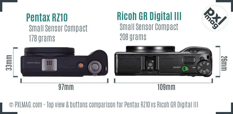 Pentax RZ10 vs Ricoh GR Digital III top view buttons comparison