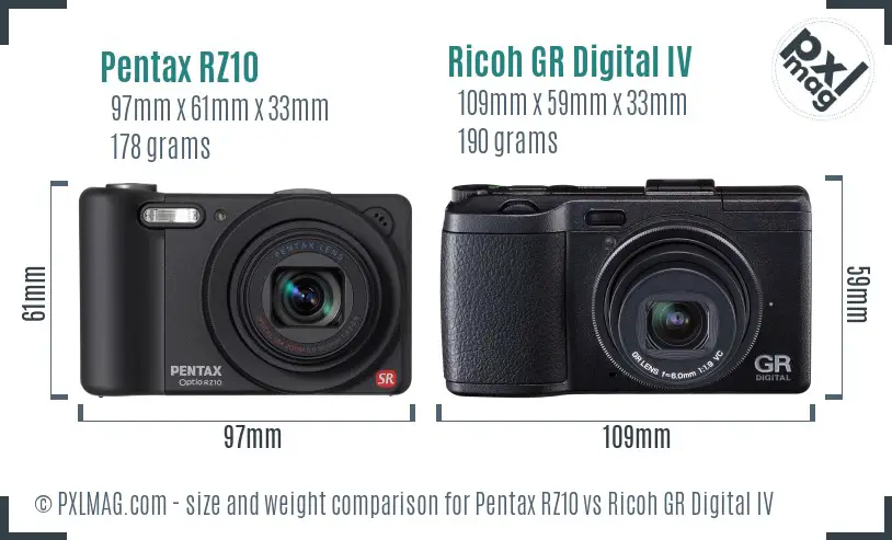 Pentax RZ10 vs Ricoh GR Digital IV size comparison