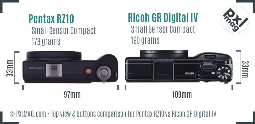 Pentax RZ10 vs Ricoh GR Digital IV top view buttons comparison