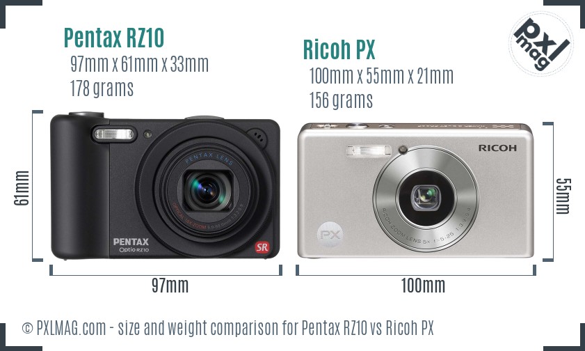 Pentax RZ10 vs Ricoh PX size comparison