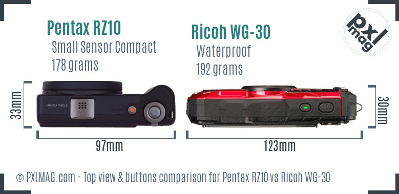 Pentax RZ10 vs Ricoh WG-30 top view buttons comparison