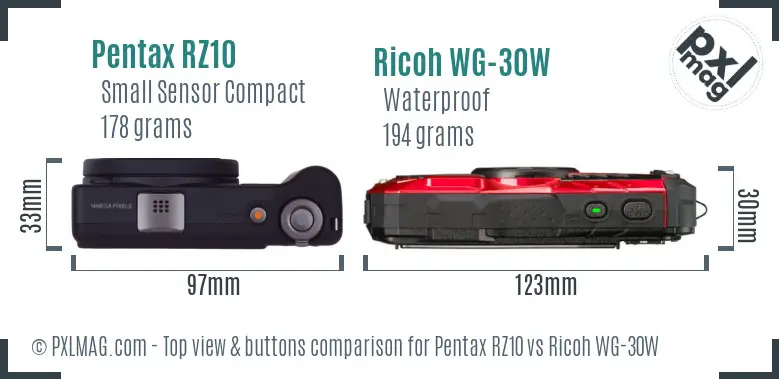 Pentax RZ10 vs Ricoh WG-30W top view buttons comparison Pentax RZ10 vs Ricoh WG-30W top view buttons comparison
