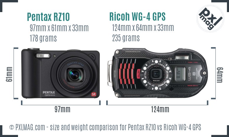 Pentax RZ10 vs Ricoh WG-4 GPS size comparison Pentax RZ10 vs Ricoh WG-4 GPS size comparison