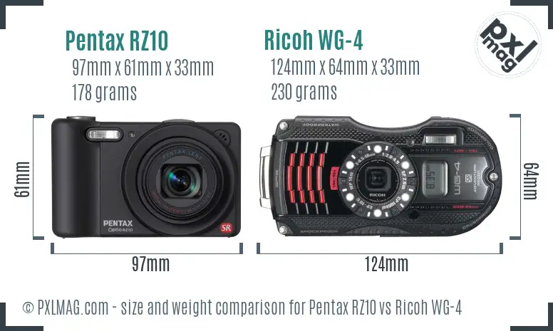 Pentax RZ10 vs Ricoh WG-4 size comparison