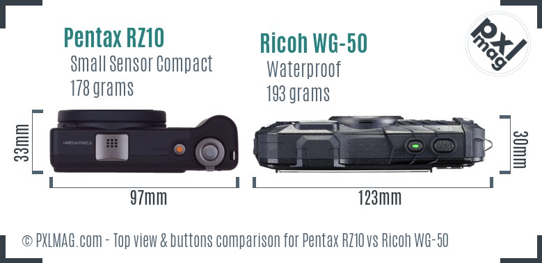 Pentax RZ10 vs Ricoh WG-50 top view buttons comparison