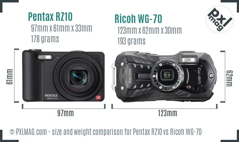 Pentax RZ10 vs Ricoh WG-70 size comparison