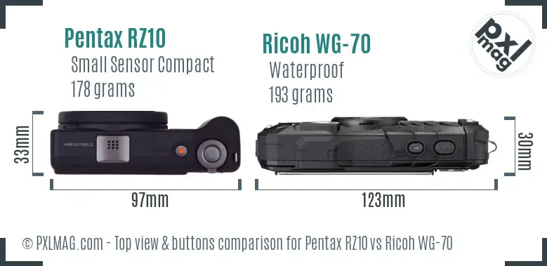 Pentax RZ10 vs Ricoh WG-70 top view buttons comparison