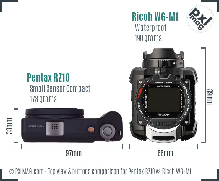 Pentax RZ10 vs Ricoh WG-M1 top view buttons comparison