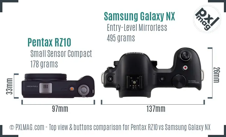 Pentax RZ10 vs Samsung Galaxy NX top view buttons comparison Pentax RZ10 vs Samsung Galaxy NX top view buttons comparison