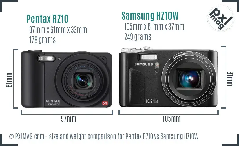 Pentax RZ10 vs Samsung HZ10W size comparison Pentax RZ10 vs Samsung HZ10W size comparison