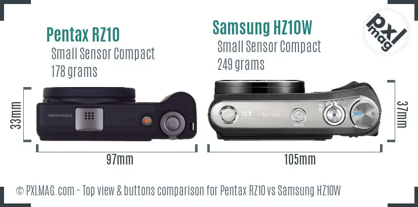 Pentax RZ10 vs Samsung HZ10W top view buttons comparison Pentax RZ10 vs Samsung HZ10W top view buttons comparison