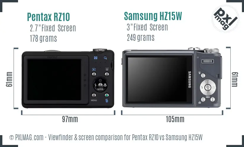 Pentax RZ10 vs Samsung HZ15W Screen and Viewfinder comparison
