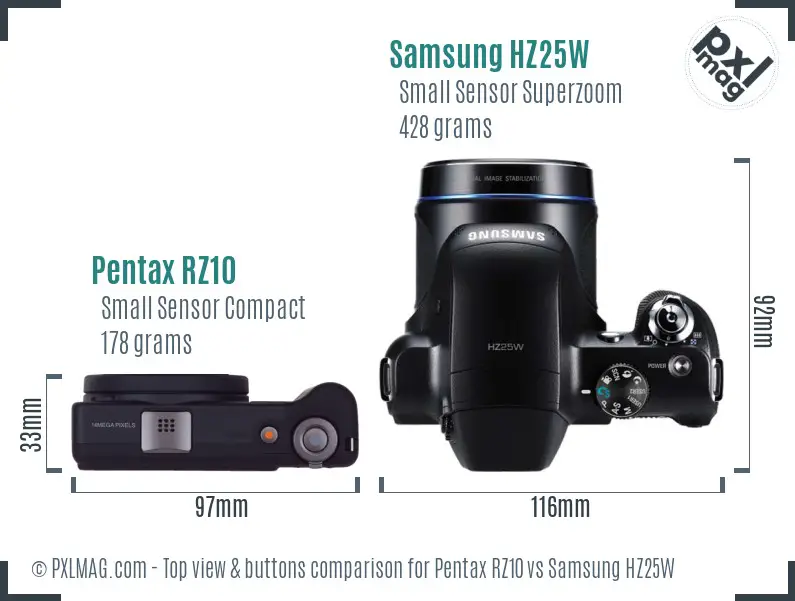 Pentax RZ10 vs Samsung HZ25W top view buttons comparison Pentax RZ10 vs Samsung HZ25W top view buttons comparison