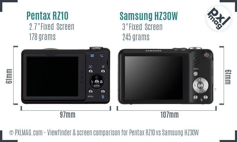 Pentax RZ10 vs Samsung HZ30W Screen and Viewfinder comparison