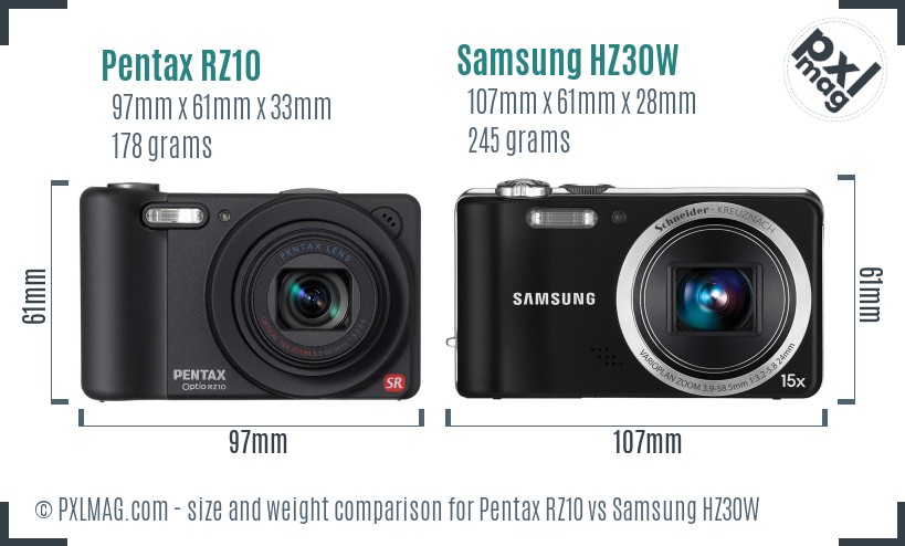 Pentax RZ10 vs Samsung HZ30W size comparison