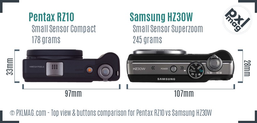 Pentax RZ10 vs Samsung HZ30W top view buttons comparison