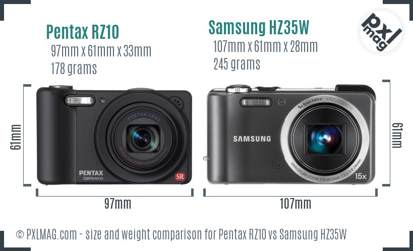 Pentax RZ10 vs Samsung HZ35W size comparison Pentax RZ10 vs Samsung HZ35W size comparison