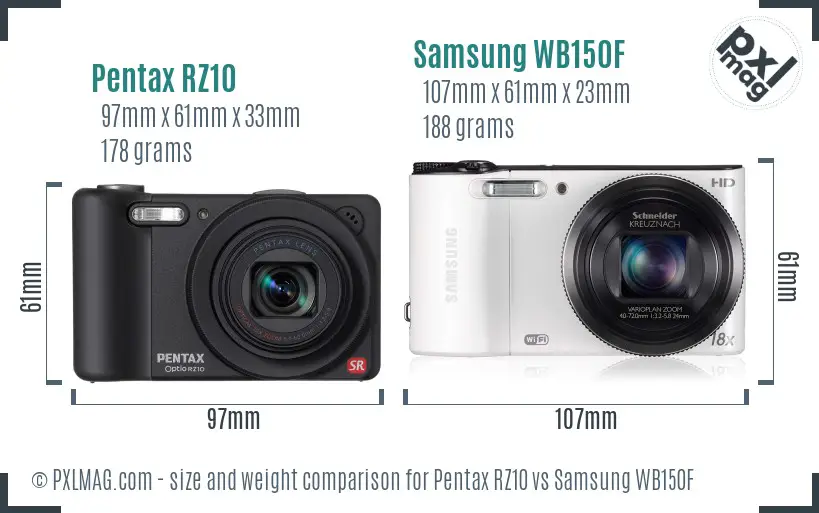 Pentax RZ10 vs Samsung WB150F size comparison