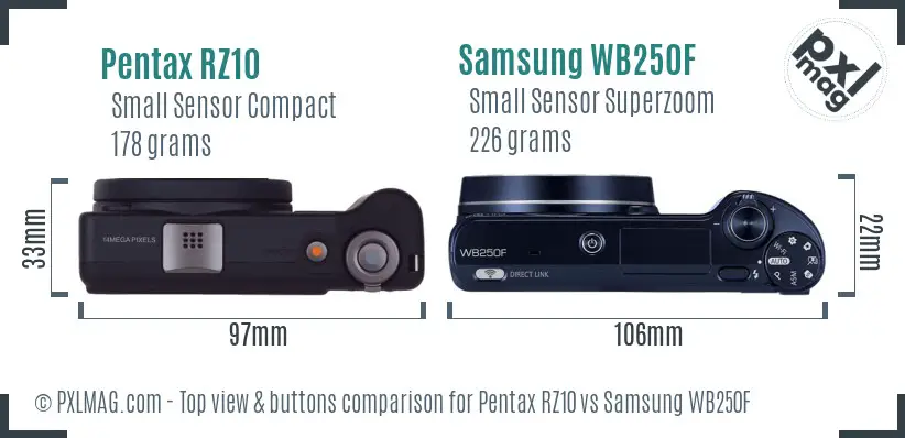 Pentax RZ10 vs Samsung WB250F top view buttons comparison