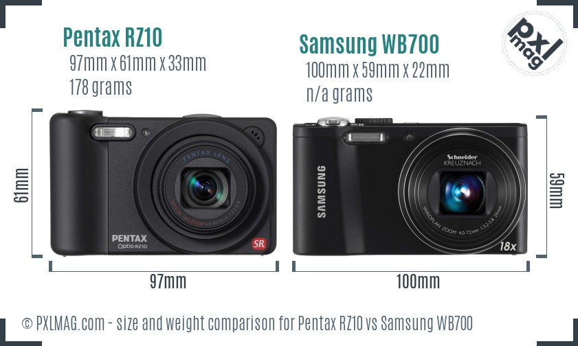 Pentax RZ10 vs Samsung WB700 size comparison Pentax RZ10 vs Samsung WB700 size comparison