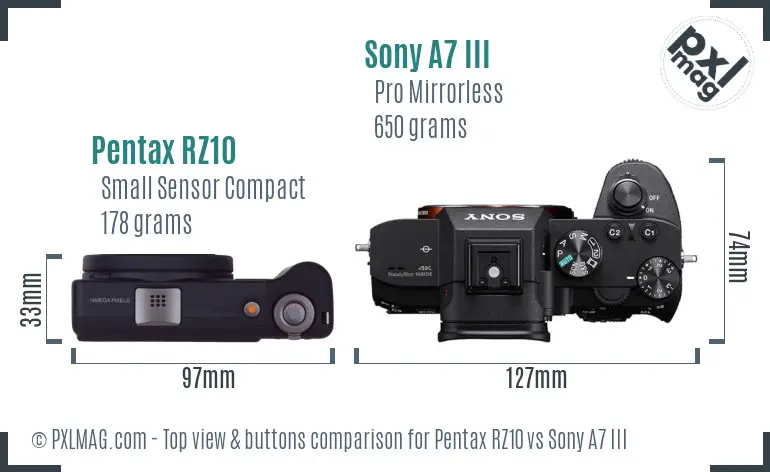 Pentax RZ10 vs Sony A7 III top view buttons comparison Pentax RZ10 vs Sony A7 III top view buttons comparison