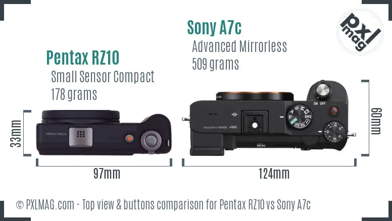 Pentax RZ10 vs Sony A7c top view buttons comparison Pentax RZ10 vs Sony A7c top view buttons comparison
