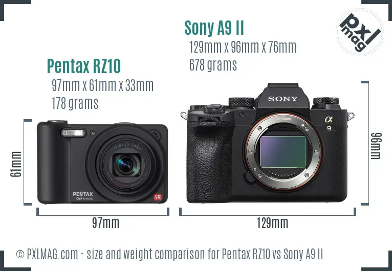 Pentax RZ10 vs Sony A9 II size comparison