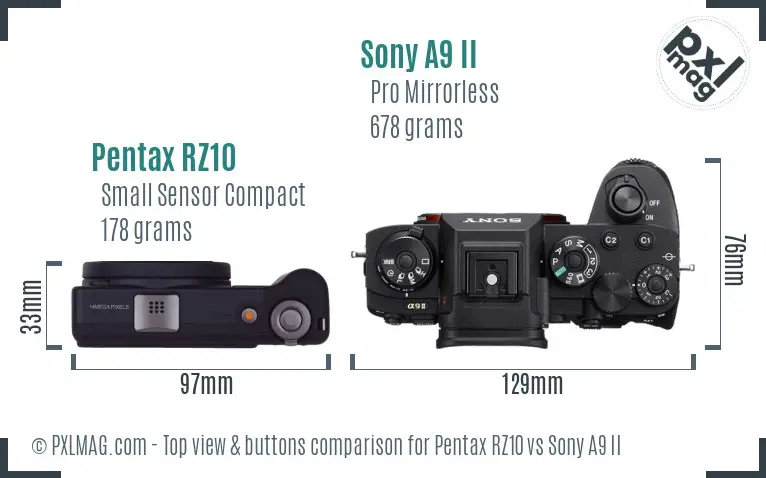 Pentax RZ10 vs Sony A9 II top view buttons comparison