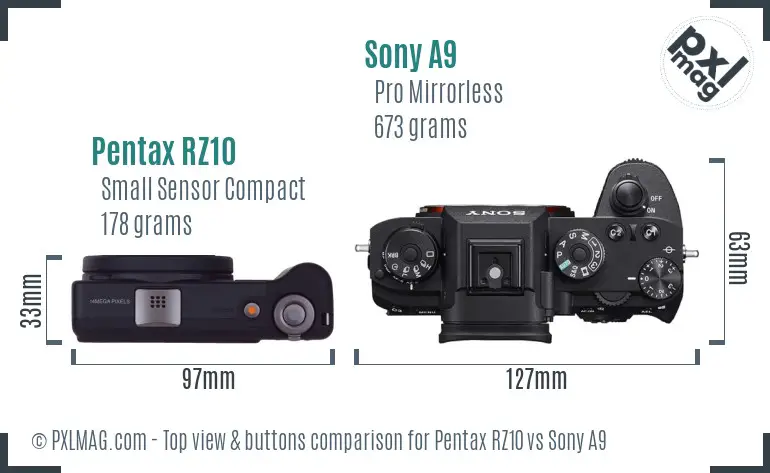 Pentax RZ10 vs Sony A9 top view buttons comparison Pentax RZ10 vs Sony A9 top view buttons comparison