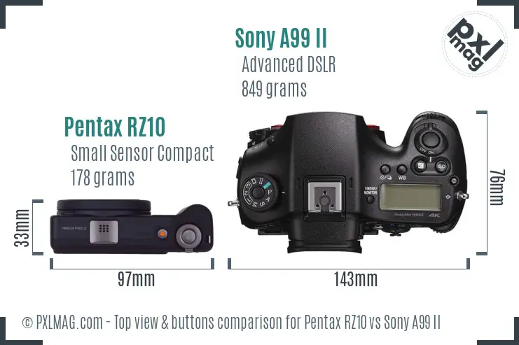 Pentax RZ10 vs Sony A99 II top view buttons comparison Pentax RZ10 vs Sony A99 II top view buttons comparison