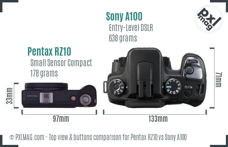 Pentax RZ10 vs Sony A100 top view buttons comparison
