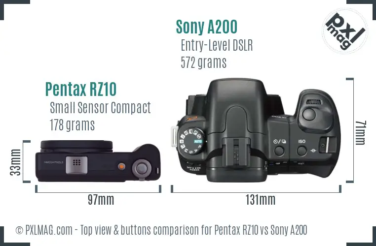 Pentax RZ10 vs Sony A200 top view buttons comparison