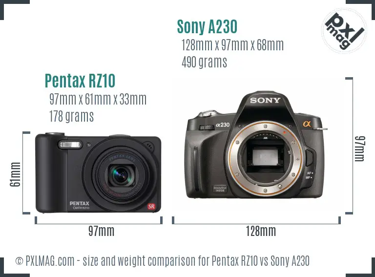 Pentax RZ10 vs Sony A230 size comparison