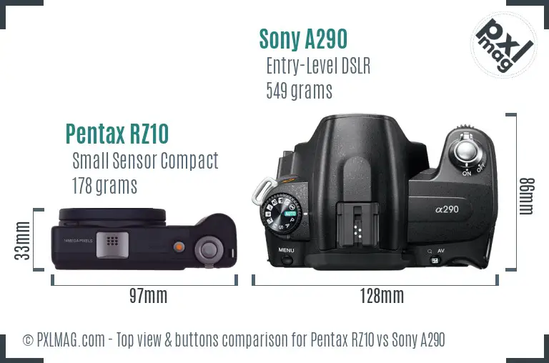 Pentax RZ10 vs Sony A290 top view buttons comparison Pentax RZ10 vs Sony A290 top view buttons comparison