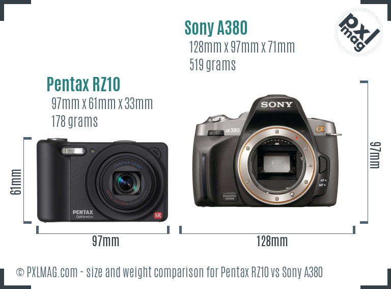 Pentax RZ10 vs Sony A380 size comparison