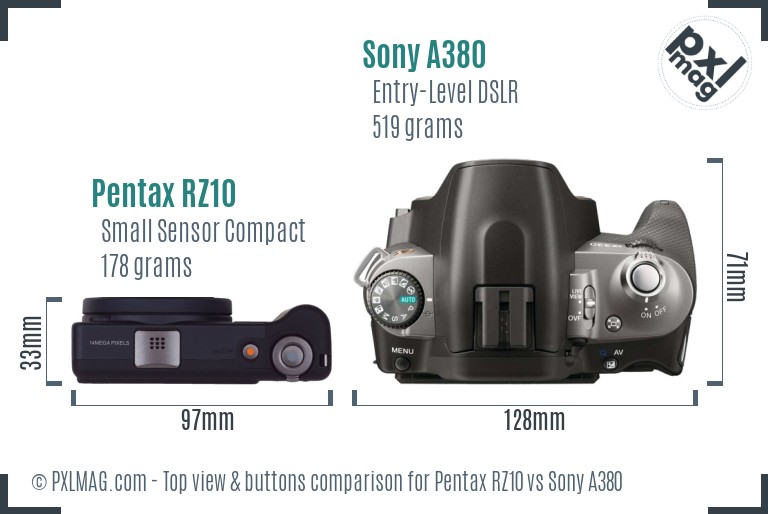 Pentax RZ10 vs Sony A380 top view buttons comparison
