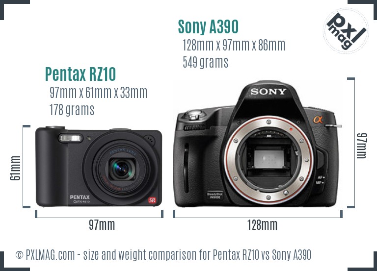 Pentax RZ10 vs Sony A390 size comparison Pentax RZ10 vs Sony A390 size comparison