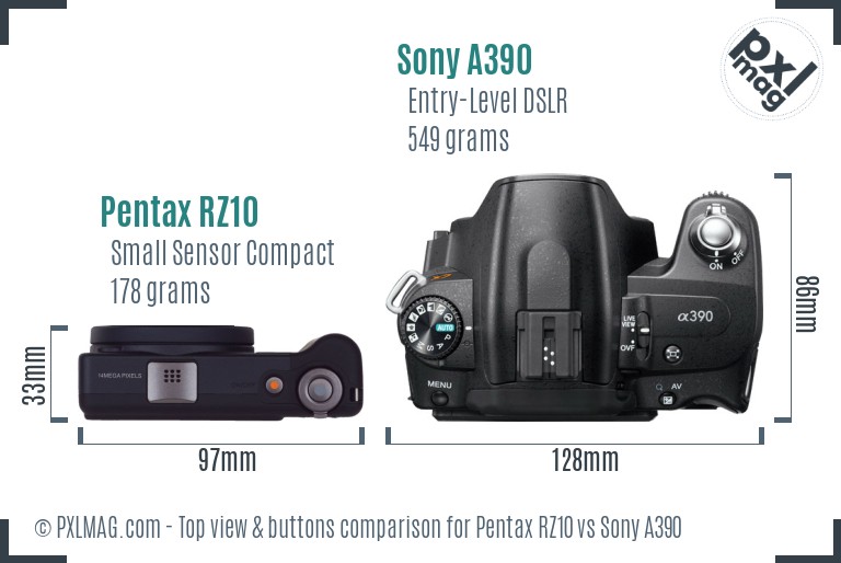 Pentax RZ10 vs Sony A390 top view buttons comparison