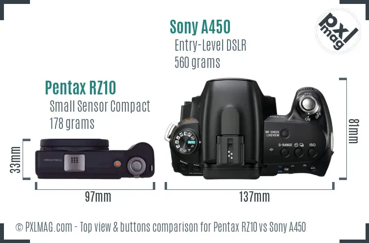 Pentax RZ10 vs Sony A450 top view buttons comparison Pentax RZ10 vs Sony A450 top view buttons comparison